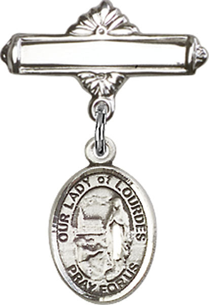 Our Lady of Lourdes Charm and Polished Engravable Badge Pin