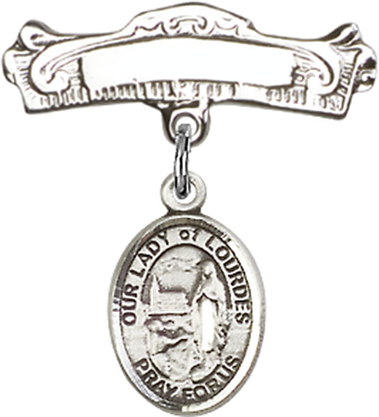 Our Lady of Lourdes Charm and Arched Polished Engravable Badge Pin