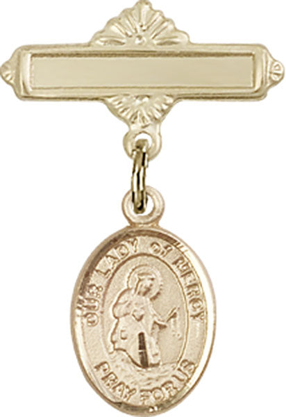 Our Lady of Mercy Charm and Polished Engravable Badge Pin