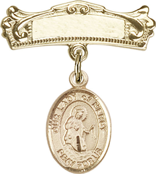 Our Lady of Mercy Charm and Arched Polished Engravable Badge Pin