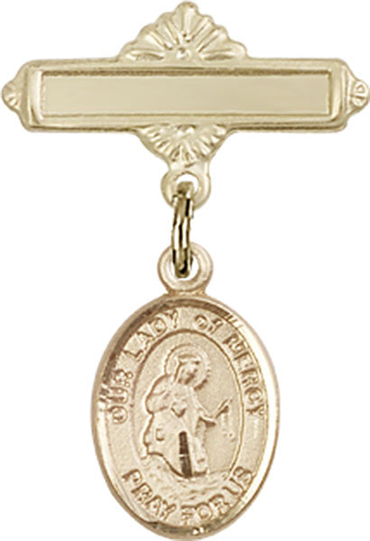 Our Lady of Mercy Charm and Polished Engravable Badge Pin