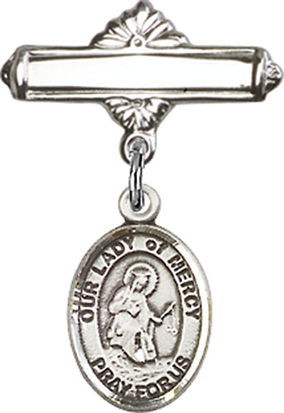Our Lady of Mercy Charm and Polished Engravable Badge Pin