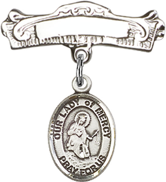 Our Lady of Mercy Charm and Arched Polished Engravable Badge Pin