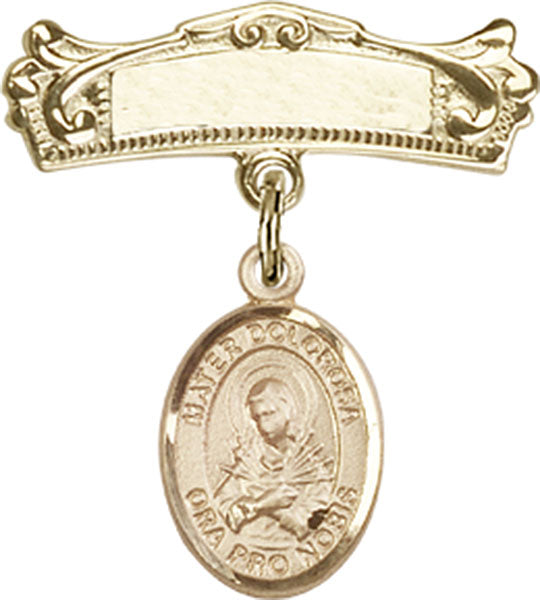 Mater Dolorosa Charm and Arched Polished Engravable Badge Pin