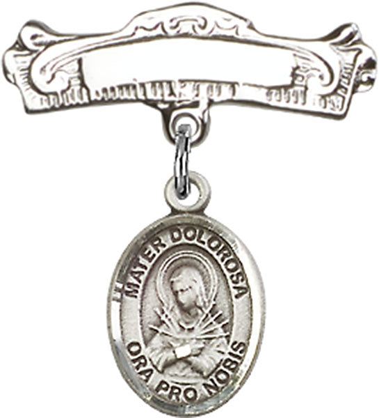 Mater Dolorosa Charm and Arched Polished Engravable Badge Pin