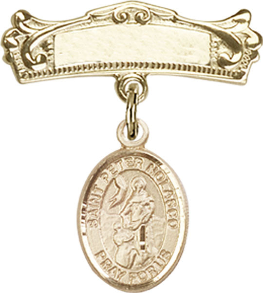 St. Peter Nolasco Charm and Arched Polished Engravable Badge Pin