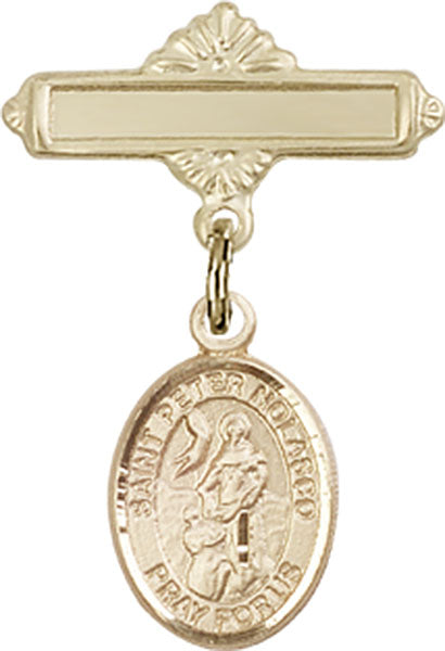 St. Peter Nolasco Charm and Polished Engravable Badge Pin