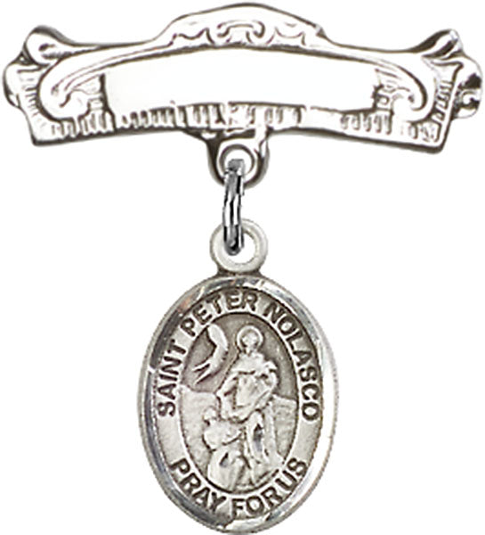 St. Peter Nolasco Charm and Arched Polished Engravable Badge Pin