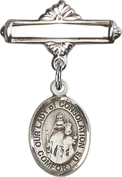 Our Lady of Consolation Charm and Polished Engravable Badge Pin