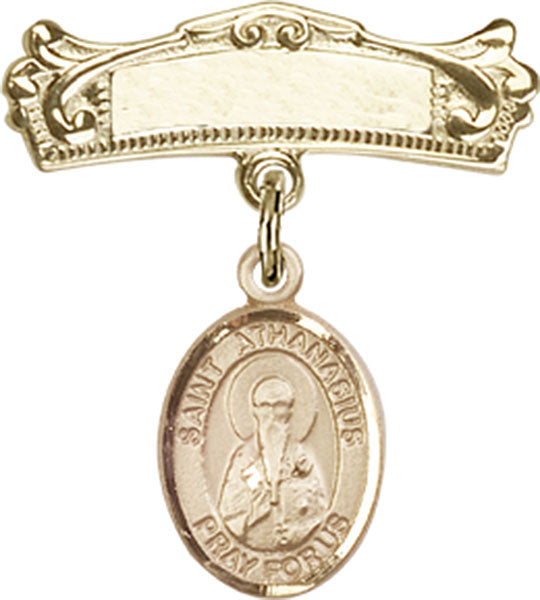 St. Athanasius Charm and Arched Polished Engravable Badge Pin