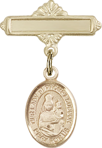 Our Lady of Prompt Succor Charm and Polished Engravable Badge Pin