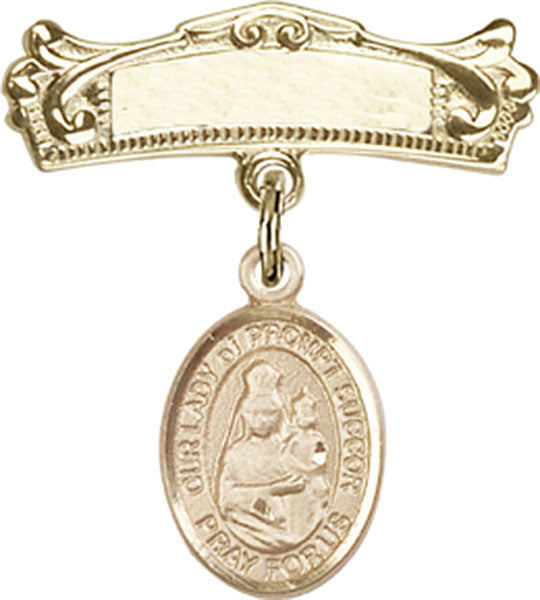 Our Lady of Prompt Succor Charm and Arched Polished Engravable Badge Pin