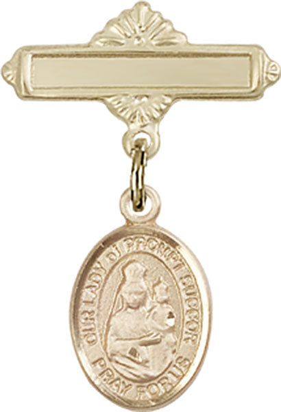 Our Lady of Prompt Succor Charm and Polished Engravable Badge Pin