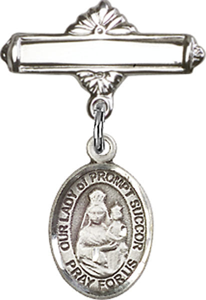Our Lady of Prompt Succor Charm and Polished Engravable Badge Pin