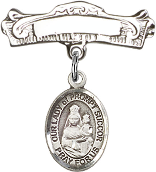 Our Lady of Prompt Succor Charm and Arched Polished Engravable Badge Pin