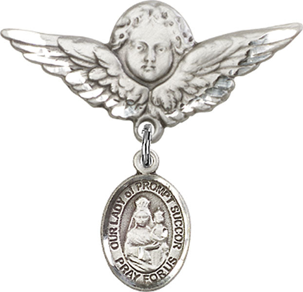 Our Lady of Prompt Succor Charm and Angel with Larger Wings Badge Pin