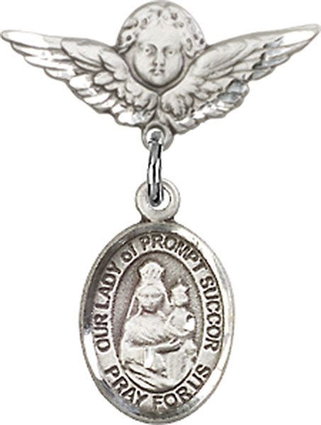 Our Lady of Prompt Succor Charm and Angel with Smaller Wings Badge Pin