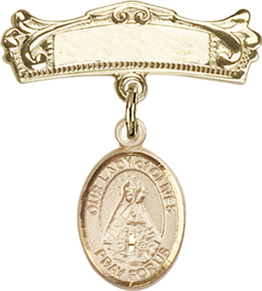 Our Lady of Olives Charm and Arched Polished Engravable Badge Pin