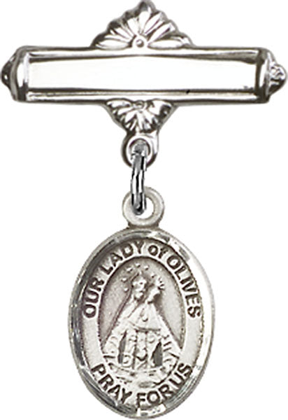 Our Lady of Olives Charm and Polished Engravable Badge Pin