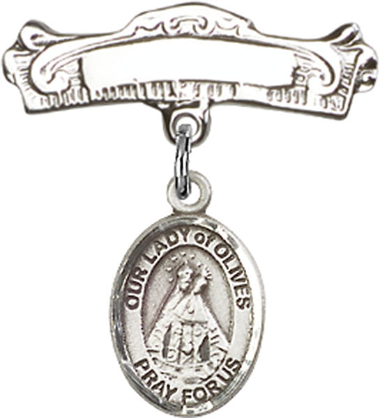 Our Lady of Olives Charm and Arched Polished Engravable Badge Pin