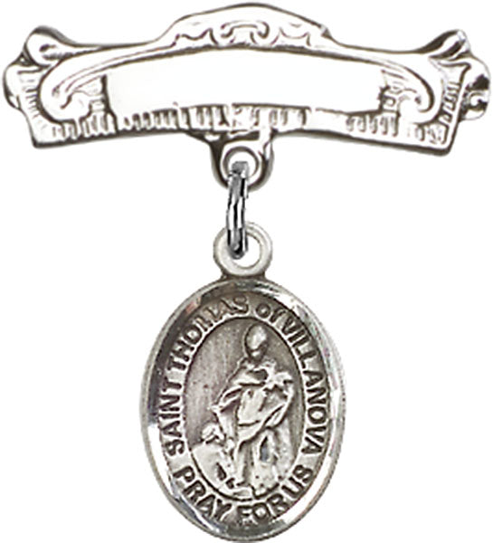St. Thomas of Villanova Charm and Arched Polished Engravable Badge Pin