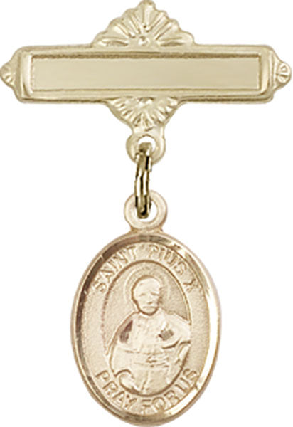 St. Pius X Charm and Polished Engravable Badge Pin