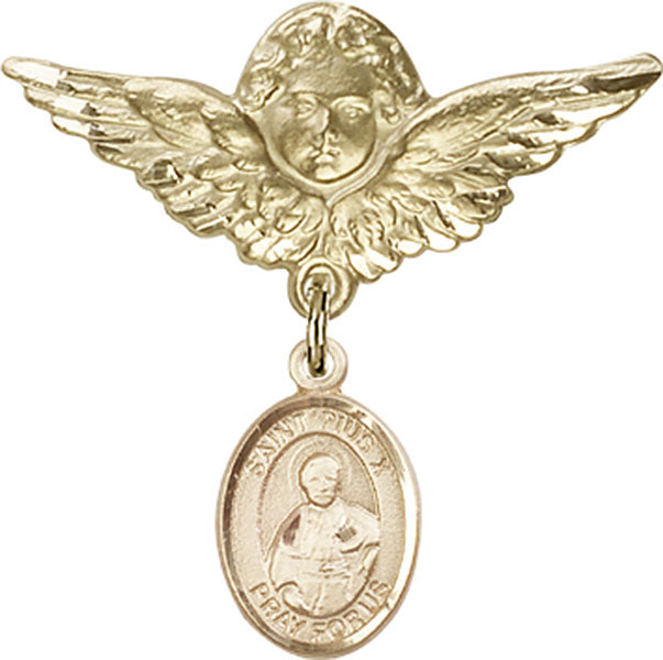 St. Pius X Charm and Angel with Larger Wings Badge Pin