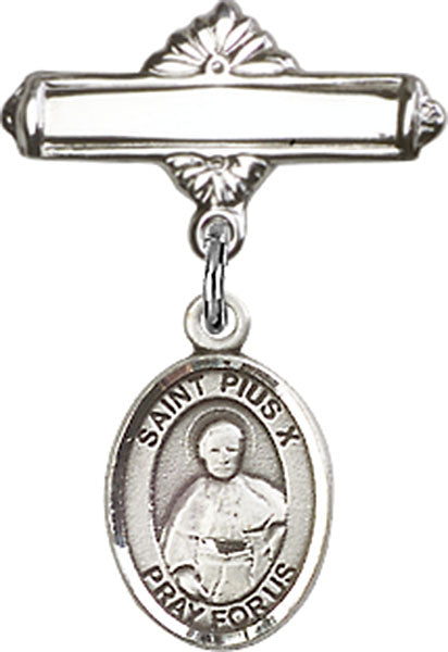 St. Pius X Charm and Polished Engravable Badge Pin