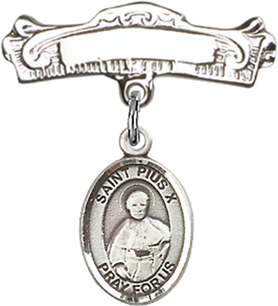 St. Pius X Charm and Arched Polished Engravable Badge Pin