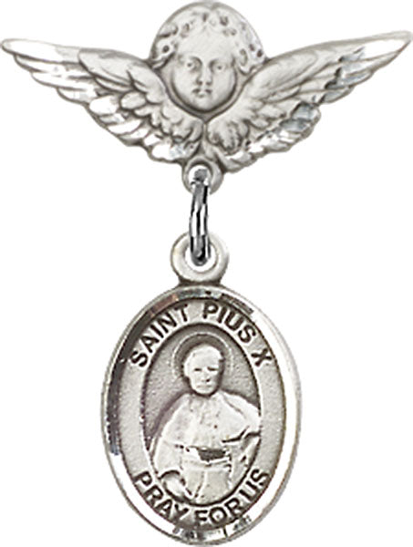 St. Pius X Charm and Angel with Smaller Wings Badge Pin
