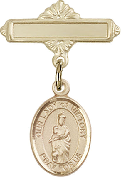 Our Lady of Victory Charm and Polished Engravable Badge Pin