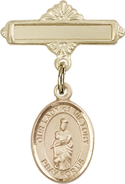 Our Lady of Victory Charm and Polished Engravable Badge Pin