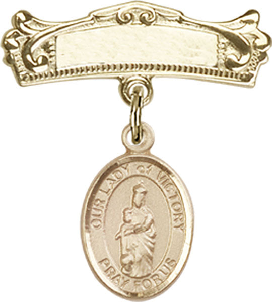 Our Lady of Victory Charm and Arched Polished Engravable Badge Pin