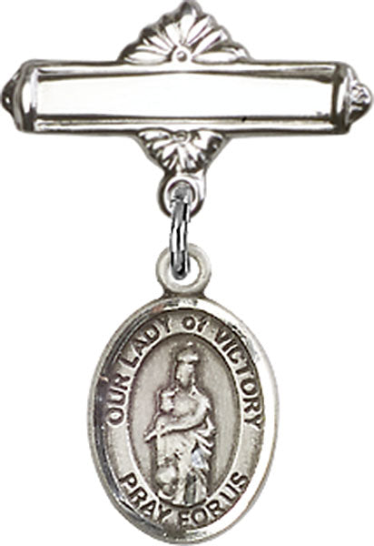 Our Lady of Victory Charm and Polished Engravable Badge Pin