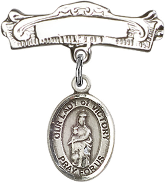 Our Lady of Victory Charm and Arched Polished Engravable Badge Pin