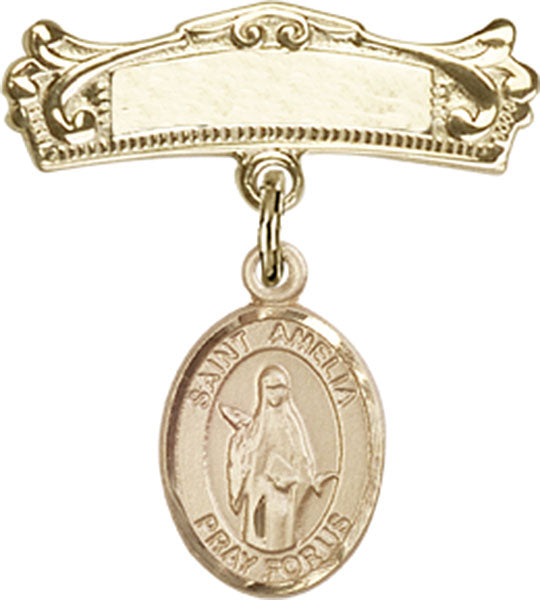 St. Amelia Charm and Arched Polished Engravable Badge Pin