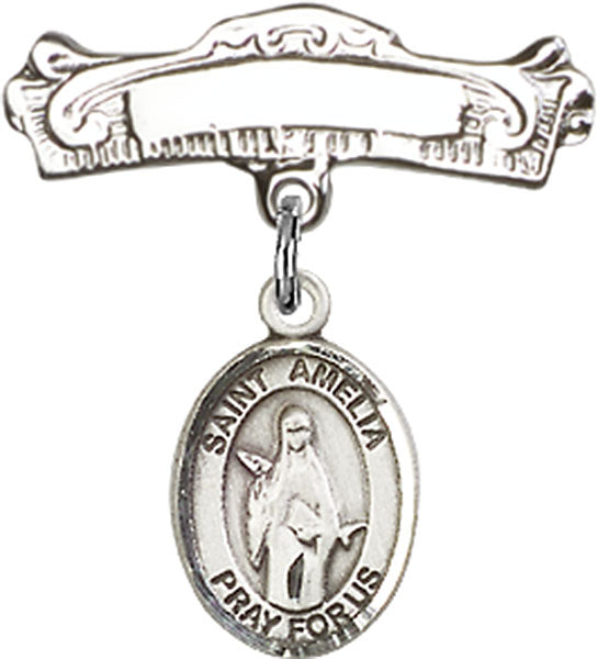 St. Amelia Charm and Arched Polished Engravable Badge Pin