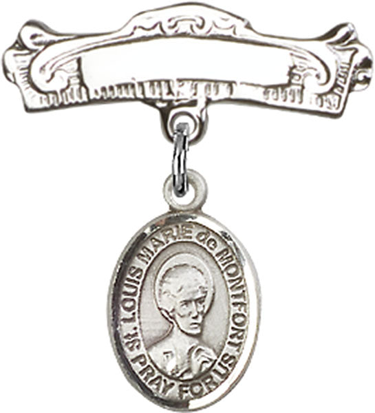 St. Louis Marie de Montfort Charm and Arched Polished Engravable Badge Pin