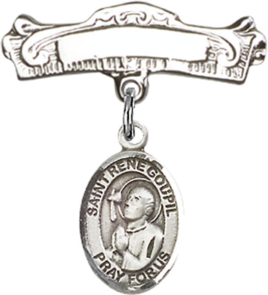 St. Rene Goupil Charm and Arched Polished Engravable Badge Pin