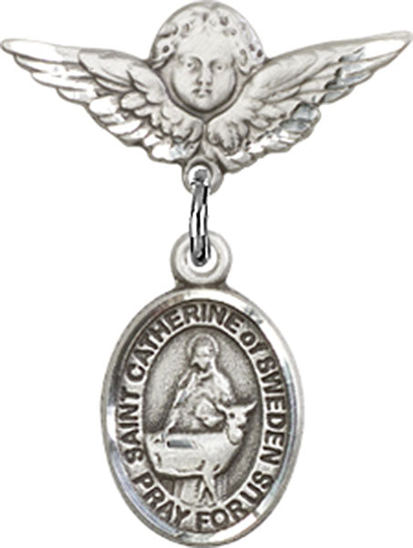 St. Catherine of Sweden Charm and Angel with Smaller Wings Badge Pin