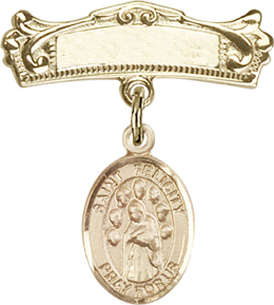 St. Felicity Charm and Arched Polished Engravable Badge Pin