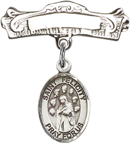 St. Felicity Charm and Arched Polished Engravable Badge Pin