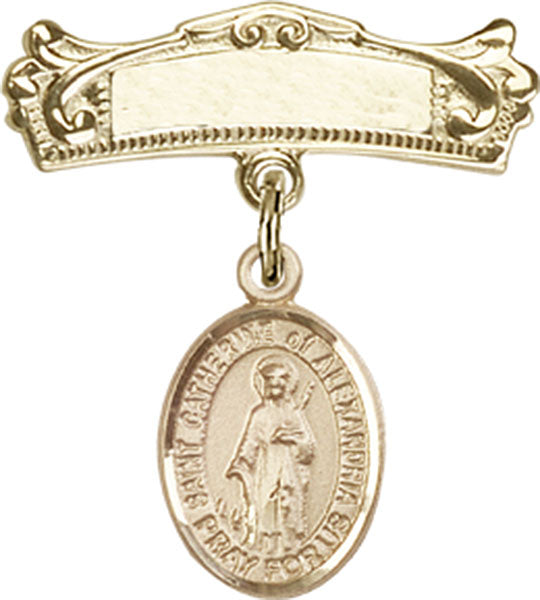 St. Catherine of Alexandria Charm and Arched Polished Engravable Badge Pin