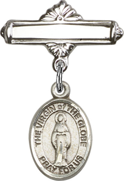 Virgin of the Globe Charm and Polished Engravable Badge Pin