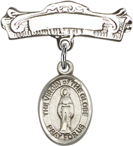 Virgin of the Globe Charm and Arched Polished Engravable Badge Pin