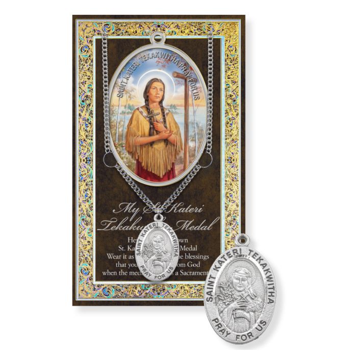 Saint Kateri Tekakwitha Genuine Pewter Medal and Prayer Card