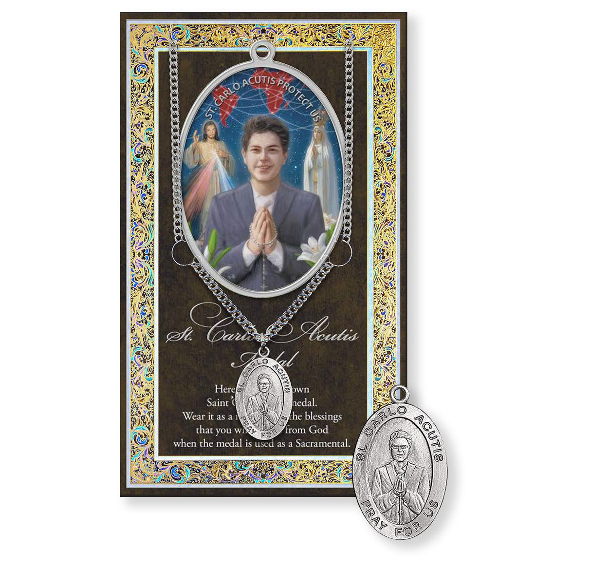 Saint Carlo Acutis Genuine Pewter Medal and Prayer Card