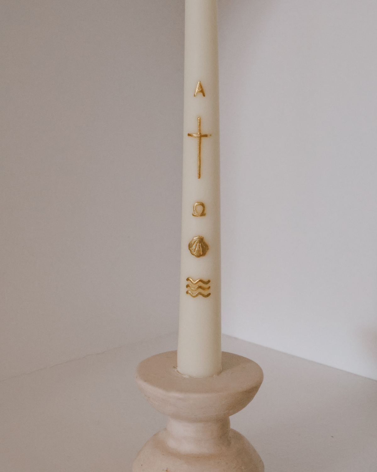Alpha & Omega Baptism Candle, Gold Design, Soy & Beeswax