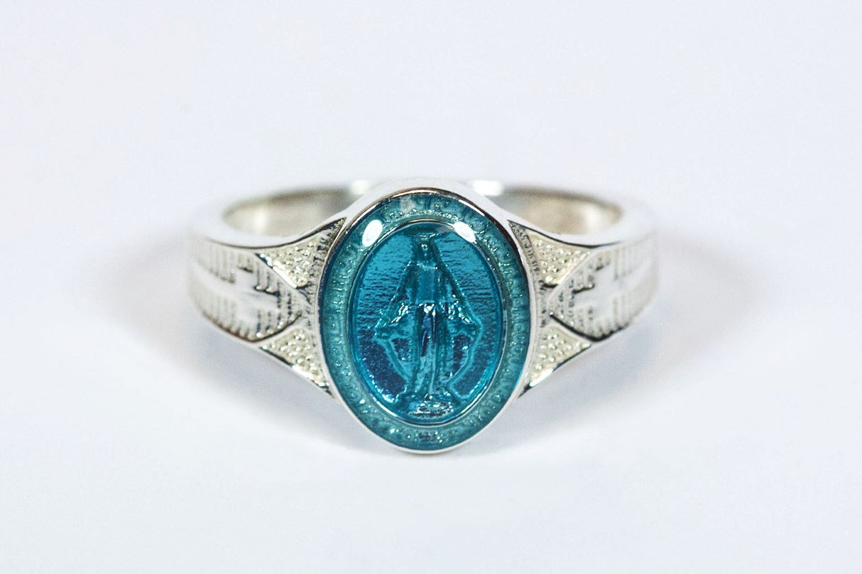 Large Blue Miraculous Medal Ring