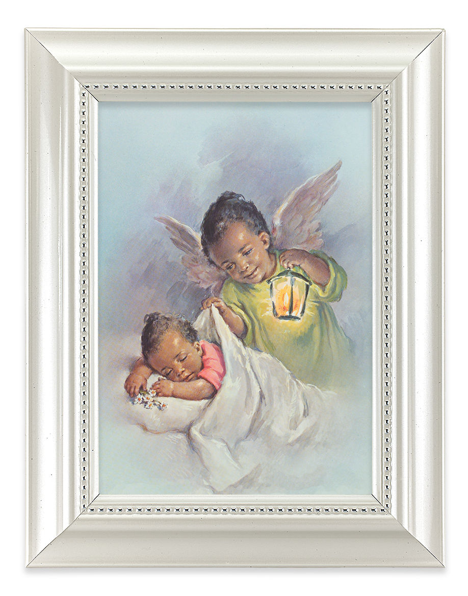 African American Guardian Angel with Baby Girl 4x6 Print Pearlized Frame